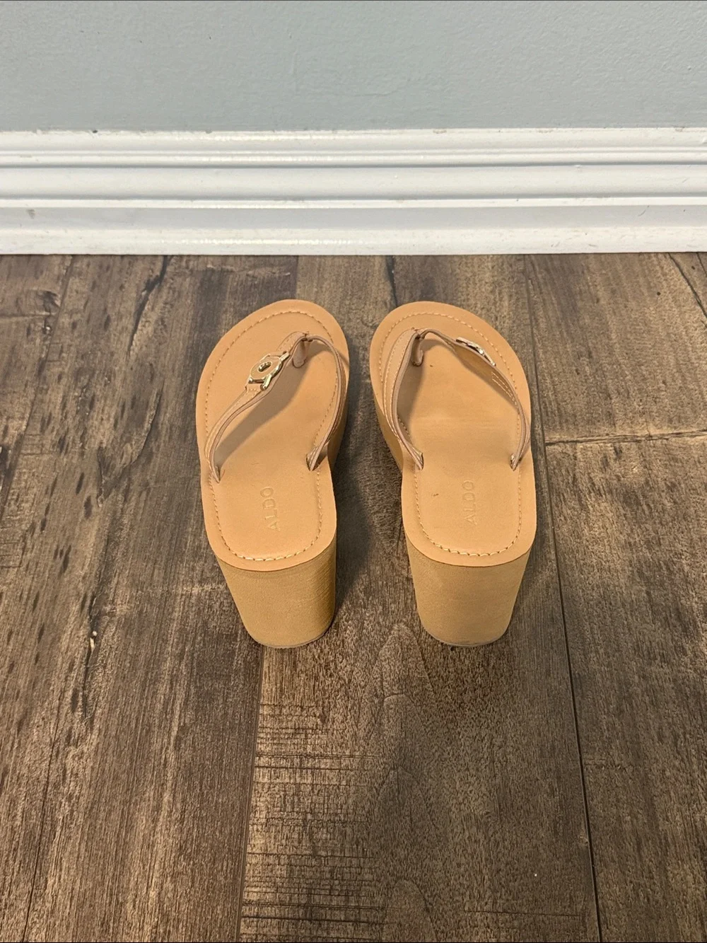 ALDO Tan Platform Wedge Thong Sandals with Metallic Accent